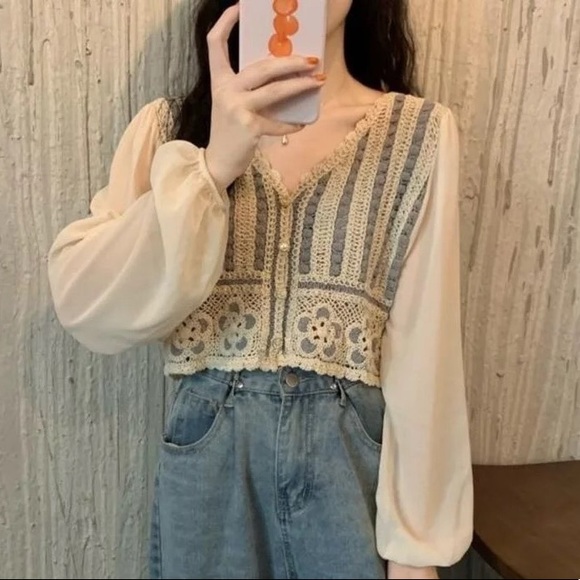 Floral Blouse crochet embroidery cropped French style knit chiffon puff cream - Picture 4 of 8